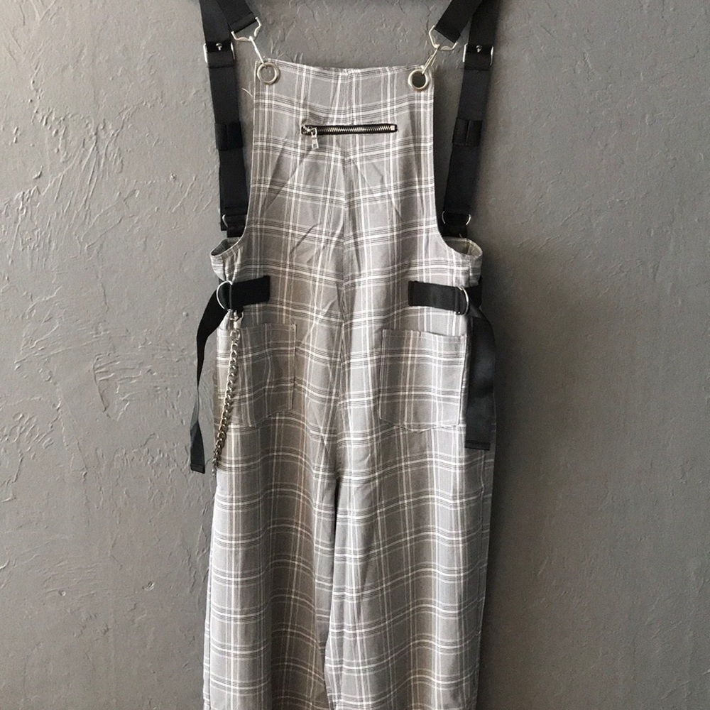Plaid Overalls with Chain Details
